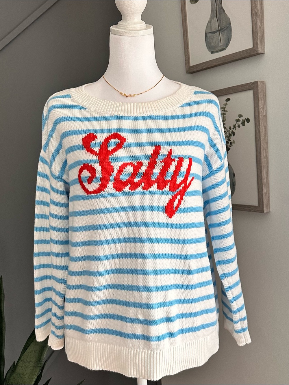 LOFT Cream & Light Blue Striped Crewneck Sweater with Red 'Salty' Script